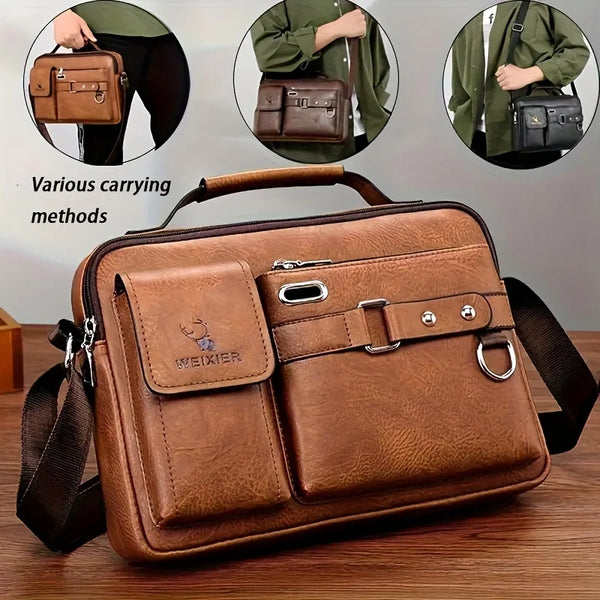 A brown faux leather crossbody bag shown with various carrying methods and close-up details.