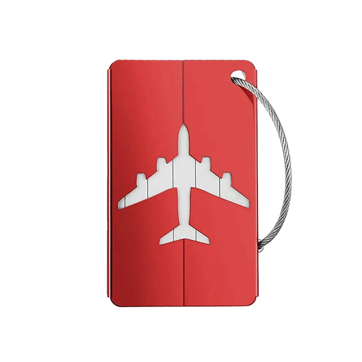 A red luggage tag with a white airplane silhouette attached to a silver cord.