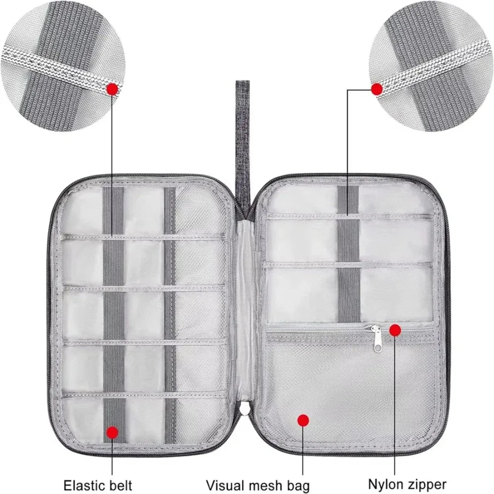 A silver mesh pouch with an elastic belt and nylon zipper, shown open to display its interior organization.