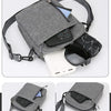 A gray lightweight nylon crossbody shoulder bag shown with various compartments and pockets.