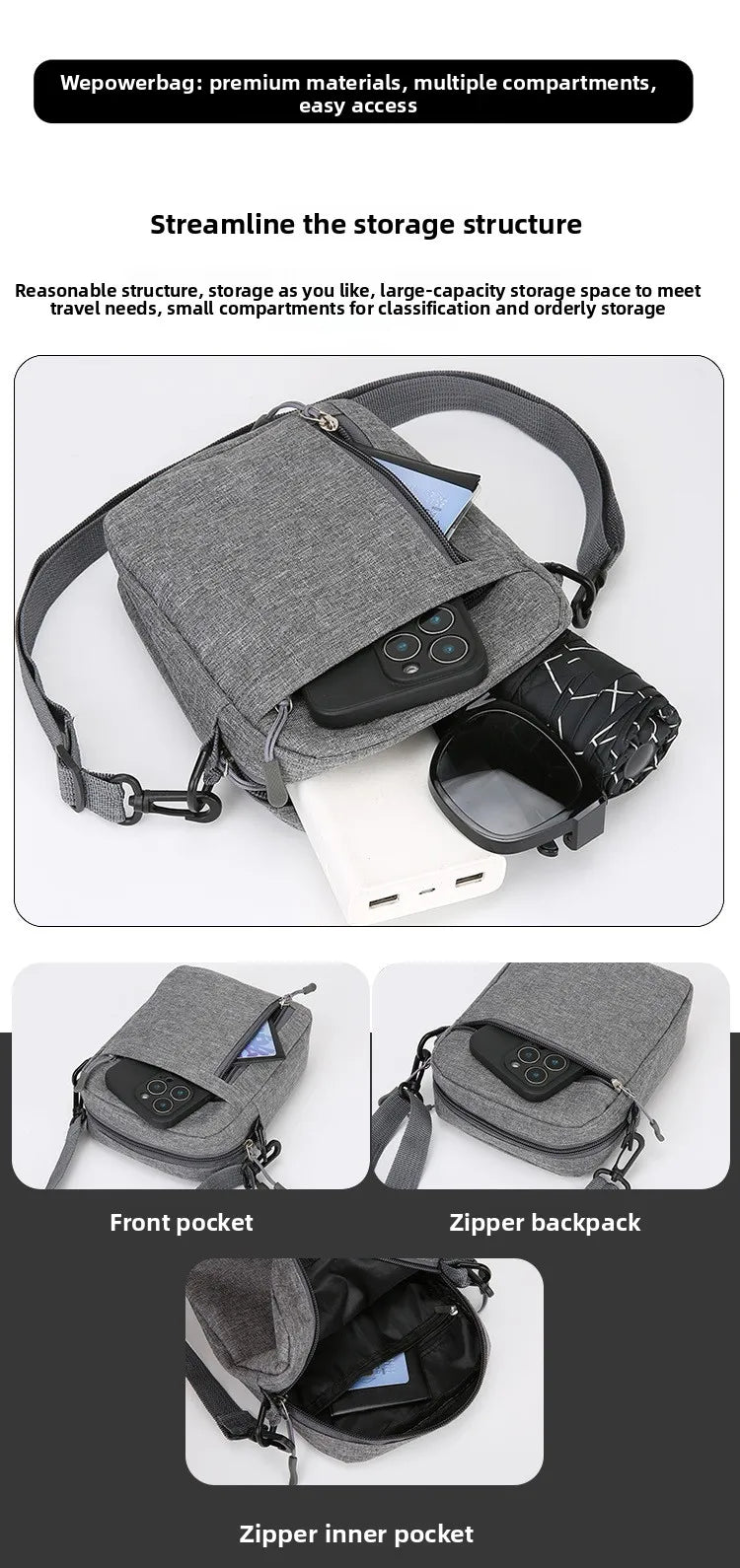 A gray lightweight nylon crossbody shoulder bag shown with various compartments and pockets.