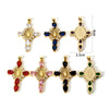 A set of gold plated cross and Virgin Mary charm pendants featuring cubic zirconia stones in various colors like blue, red, p