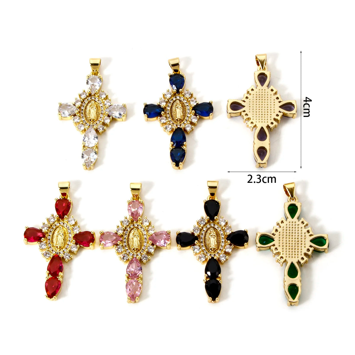 A set of gold plated cross and Virgin Mary charm pendants featuring cubic zirconia stones in various colors like blue, red, p