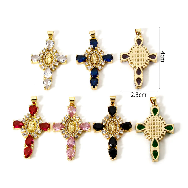 A set of gold plated cross and Virgin Mary charm pendants featuring cubic zirconia stones in various colors like blue, red, p