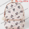Mochila de peluche rosa con un dibujo de ratón pato y estampado floral.