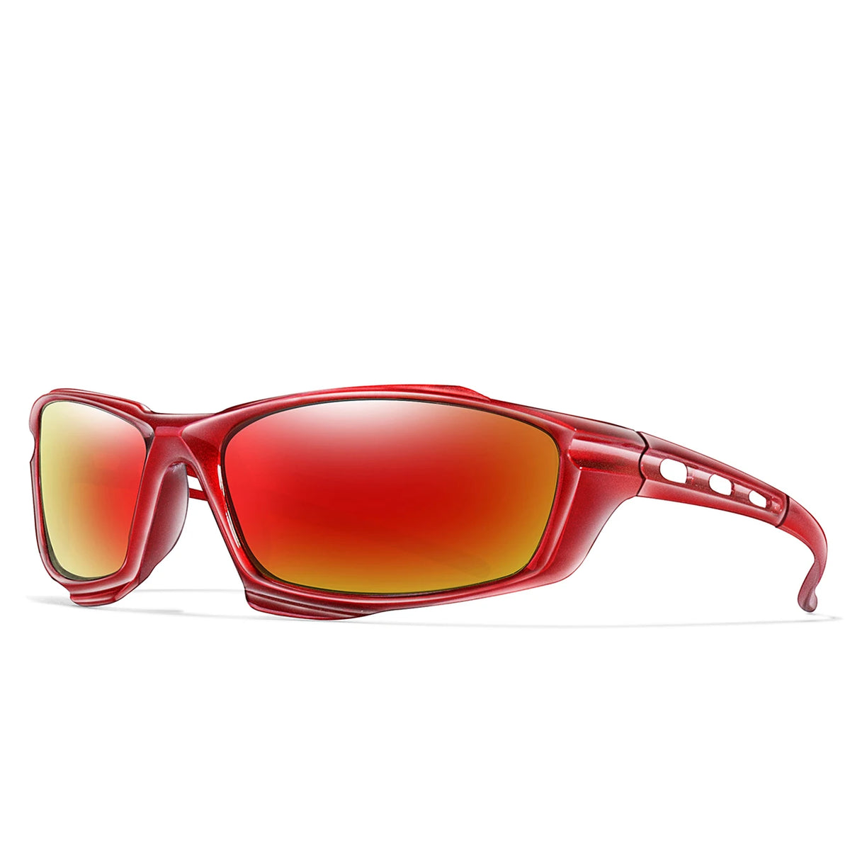 Un par de gafas deportivas polarizadas rojas con lente y marco naranja rojizo.