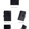 Black leather card holder with a positive display, reverse side view, and 45-degree and bottom display options.