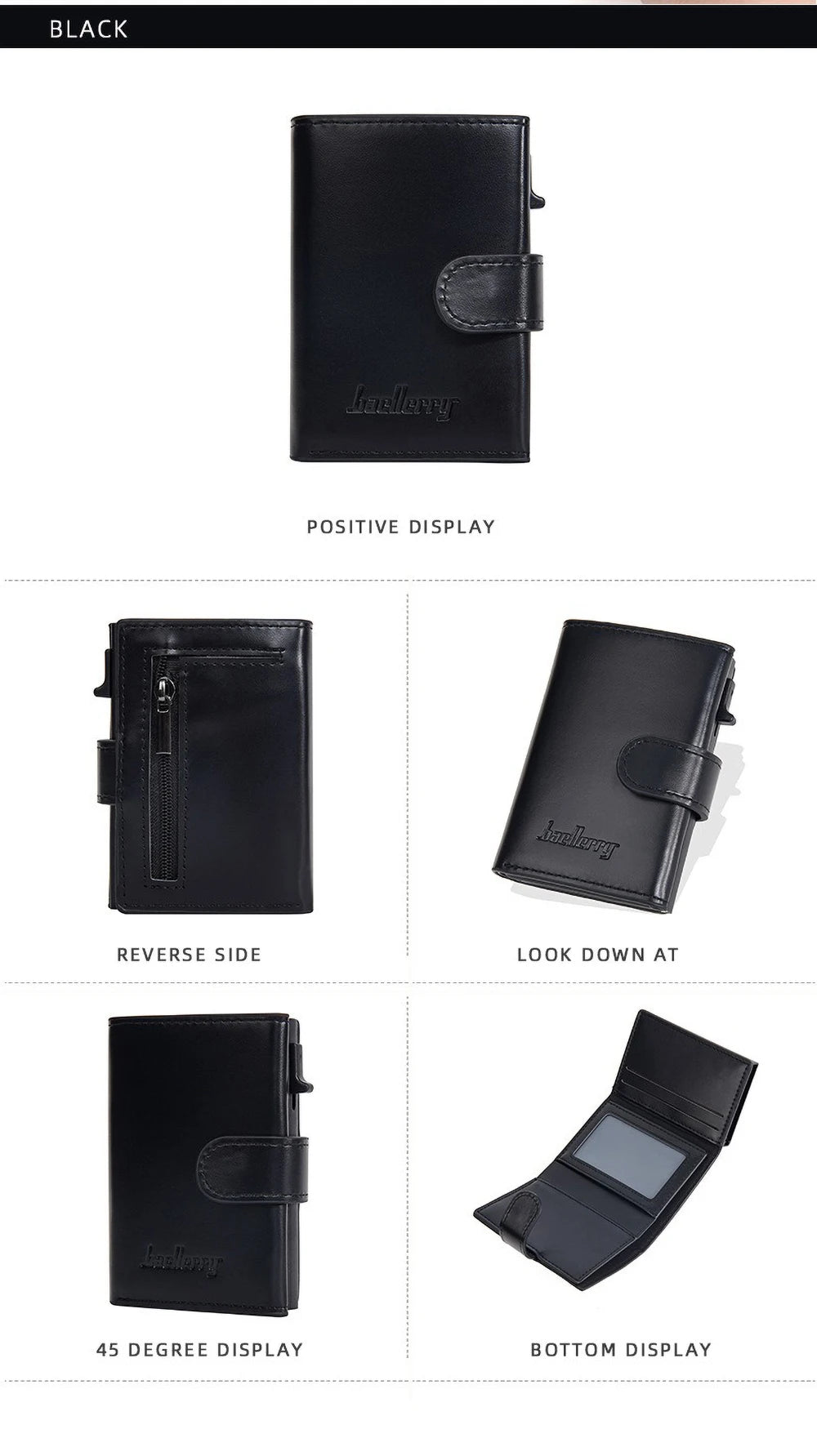 Black leather card holder with a positive display, reverse side view, and 45-degree and bottom display options.