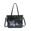 Black Y2K punk goth crossbody bag with gold hardware and a dark patterned fabric interior