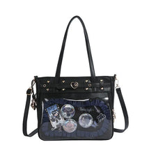 Black Y2K punk goth crossbody bag with gold hardware and a dark patterned fabric interior