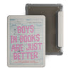 A vintage library card magnetic detachable cover for an e-reader, featuring a title page with pink text.