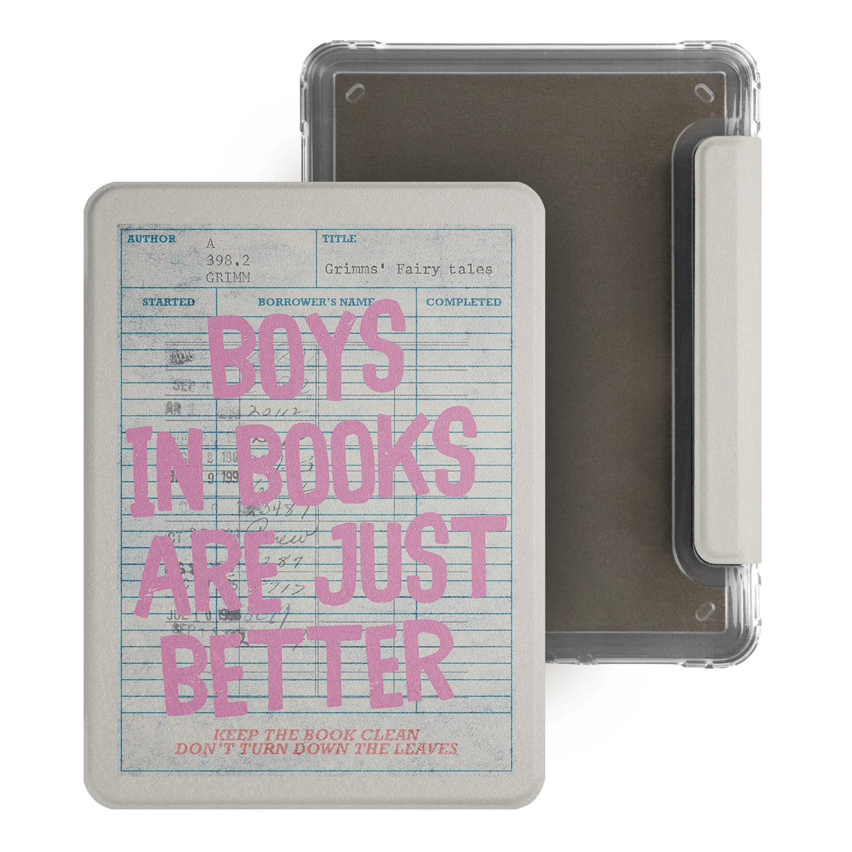 A vintage library card magnetic detachable cover for an e-reader, featuring a title page with pink text.