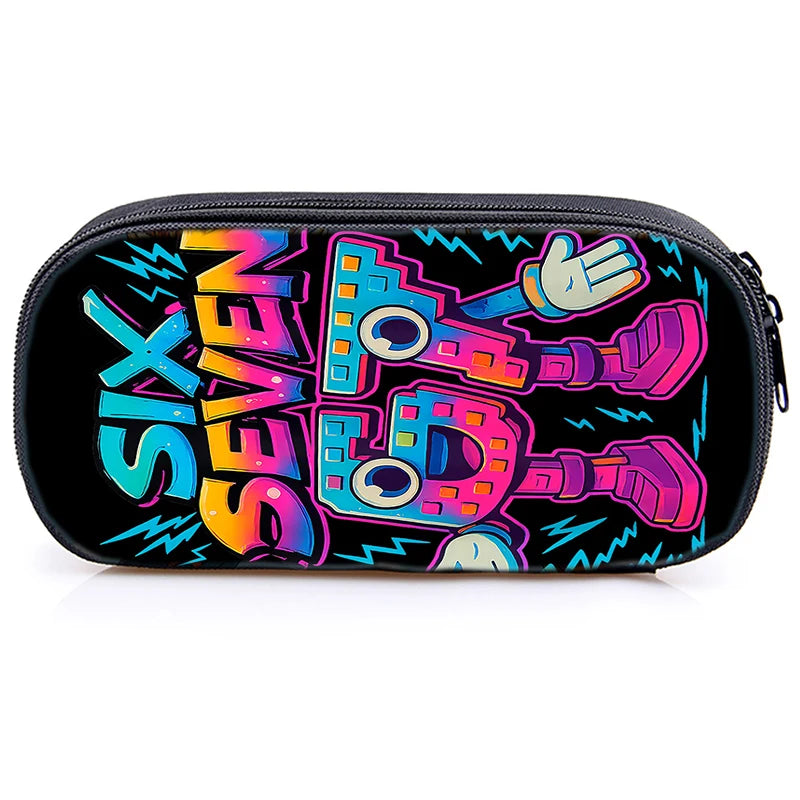 A black zippered pouch featuring colorful neon text and a stylized hand design for a kids school backpack set.
