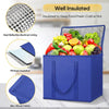 A blue foldable insulated grocery and food cooler bag showing its features like heat reflective lining, PE foam insulation, a