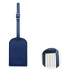 A dark blue PU leather luggage tag with a strap and an ID card holder slot.