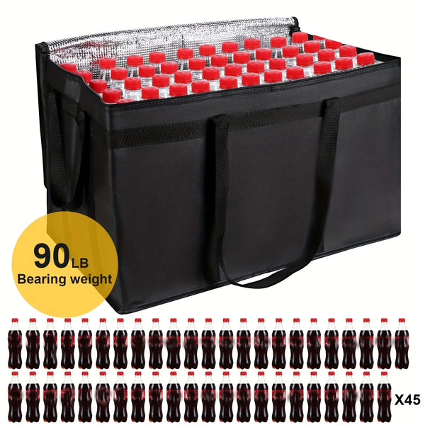 Black insulated food bag filled with 45 red silicone cups and a 90lb bearing weight