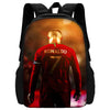 A backpack featuring a graphic of Cristiano Ronaldo in a red jersey with the number 7.