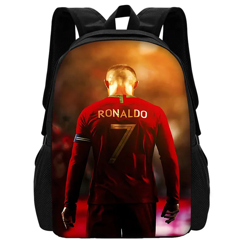 A backpack featuring a graphic of Cristiano Ronaldo in a red jersey with the number 7.
