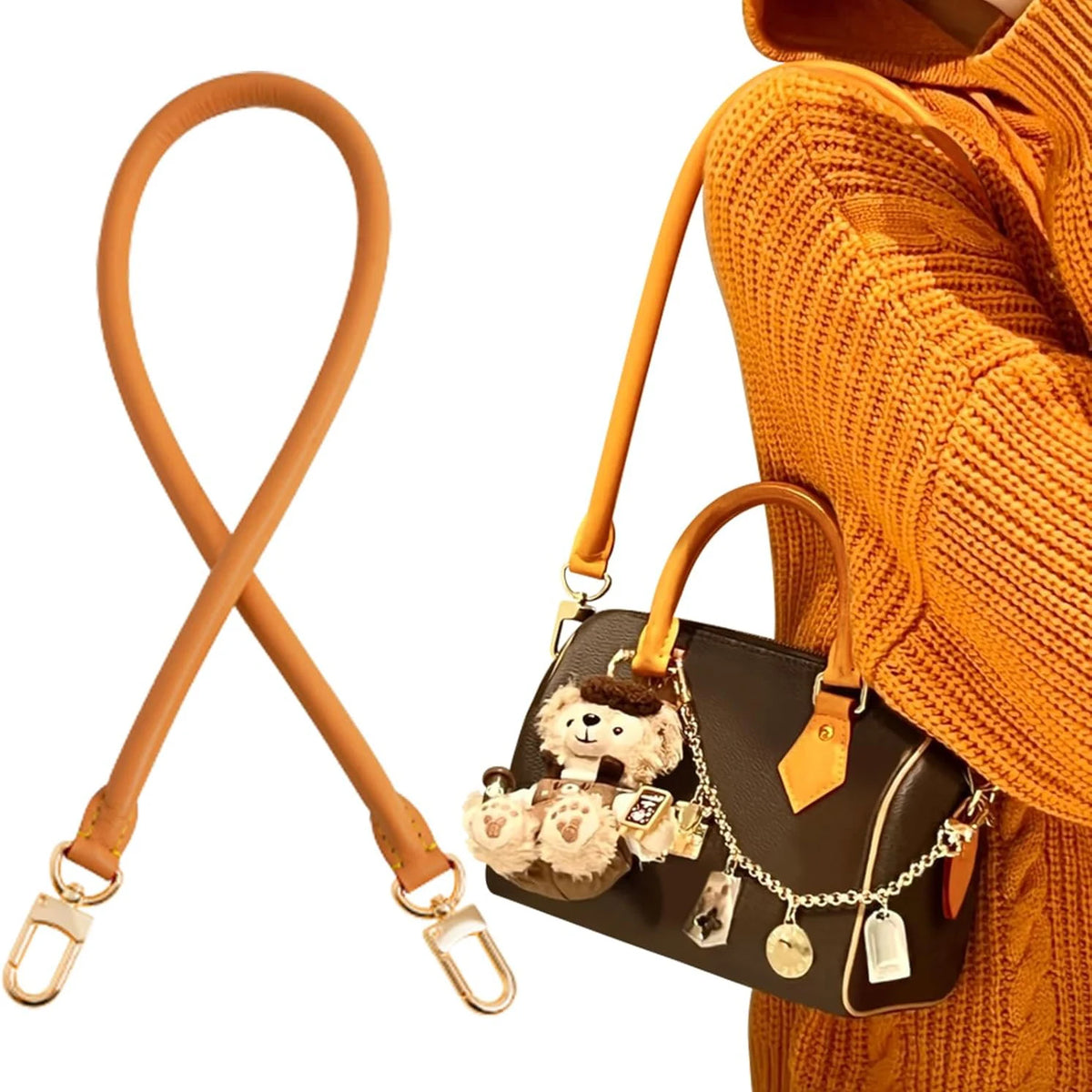 A brown leather replacement shoulder strap is shown against an orange knitted sweater, next to a black handbag.