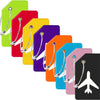 A row of colorful silicone luggage tags in various shades including green, red, yellow, purple, and orange, with silver clasp