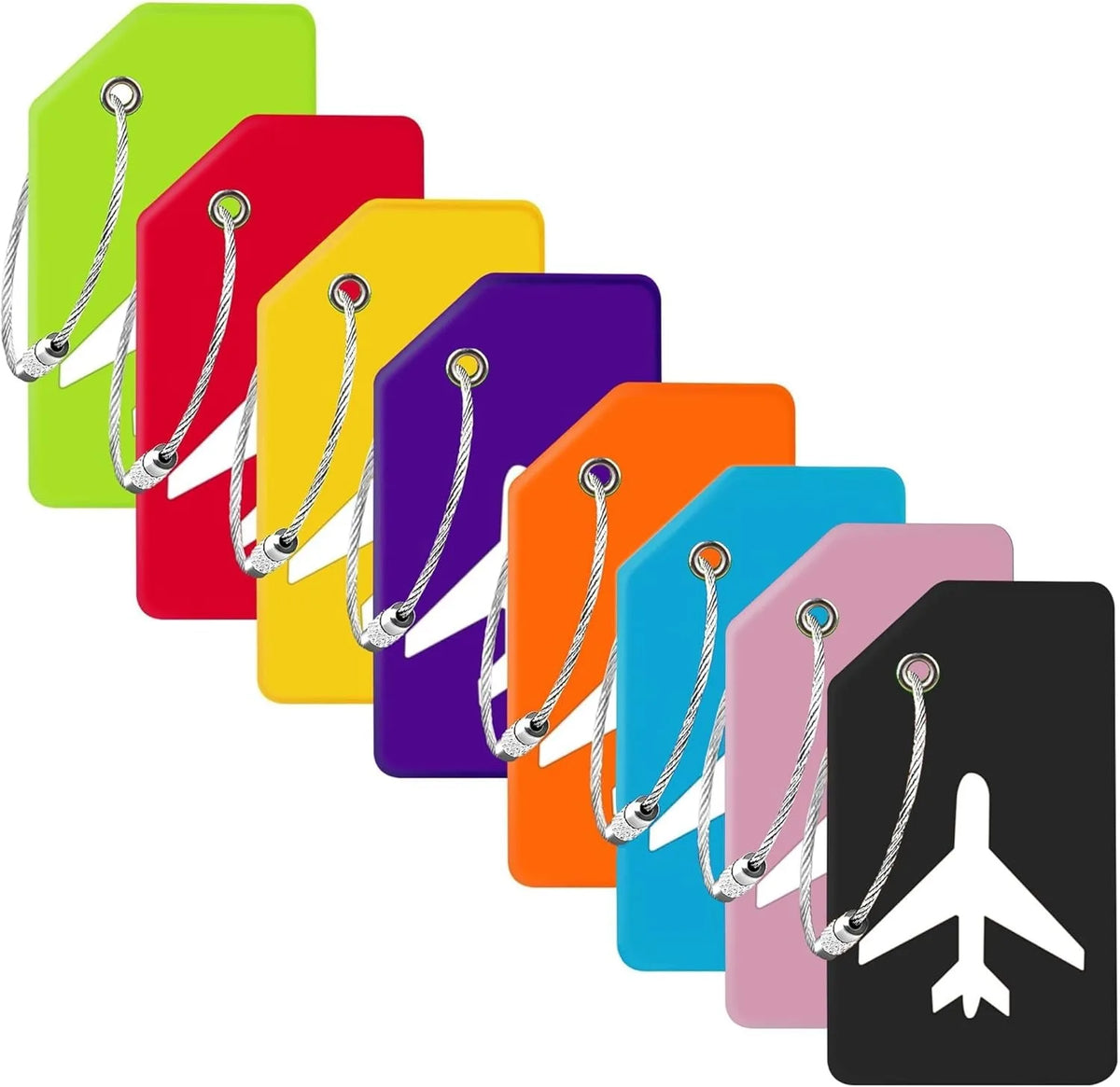 A row of colorful silicone luggage tags in various shades including green, red, yellow, purple, and orange, with silver clasp