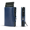 A dark blue carbon fiber RFID pop-up card holder with a black card inside.