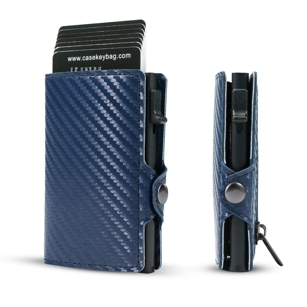 A dark blue carbon fiber RFID pop-up card holder with a black card inside.