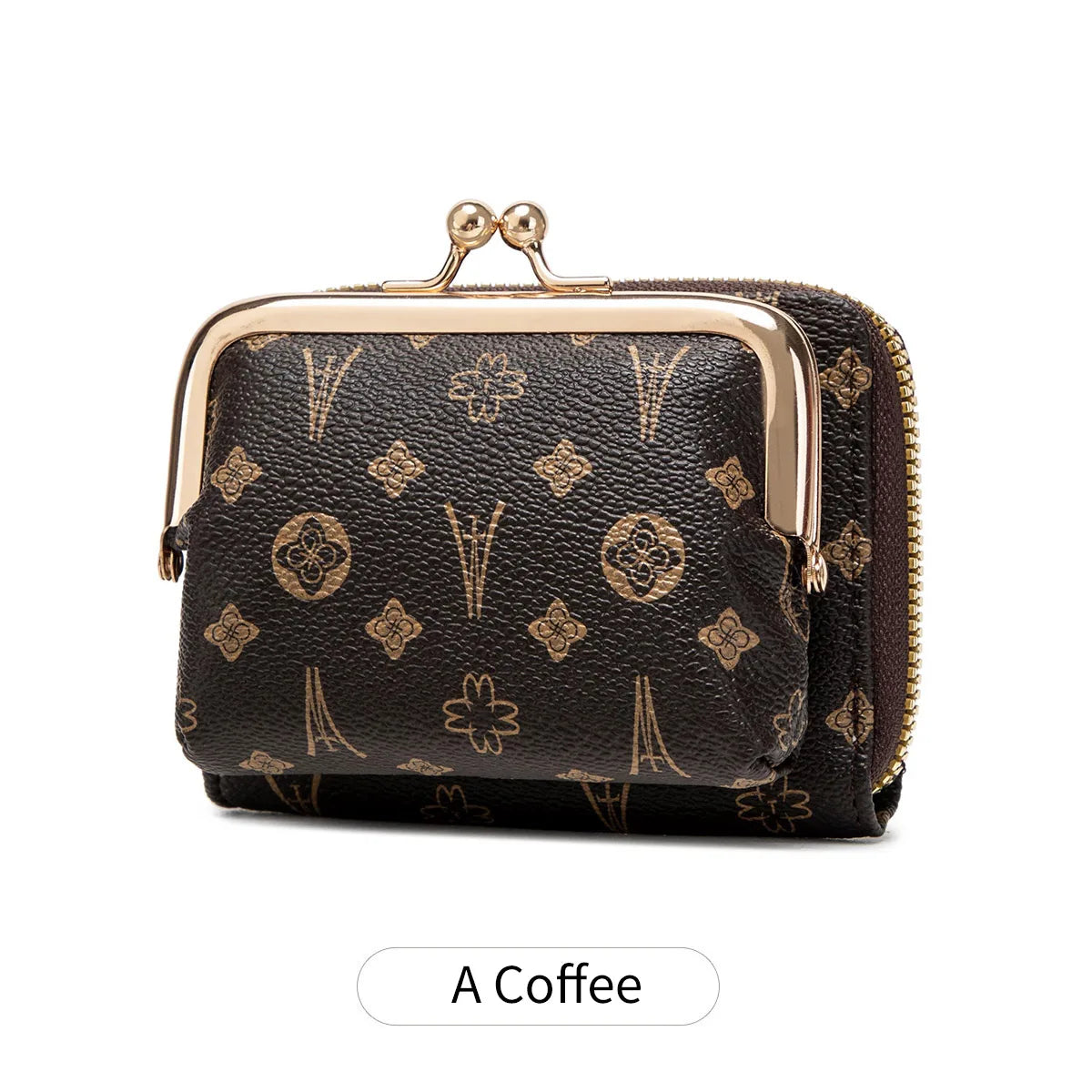 A brown leather accordion card holder wallet with gold accents and a textured print.