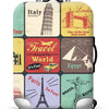A suitcase with various travel-themed stickers including Italy, London, and Paris, shown on a rolling luggage cart.