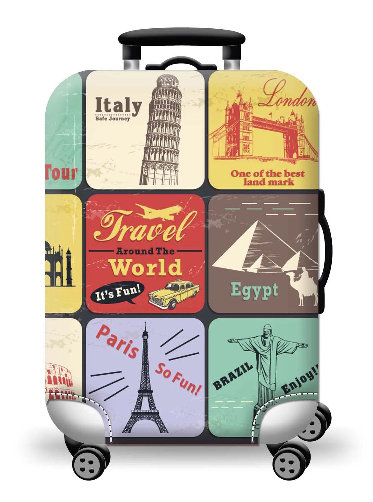 A suitcase with various travel-themed stickers including Italy, London, and Paris, shown on a rolling luggage cart.