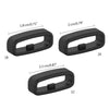 A set of black silicone watch strap retainer rings, shown in various sizes and angles.