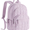 A light purple quilted laptop backpack with a padded shoulder strap.