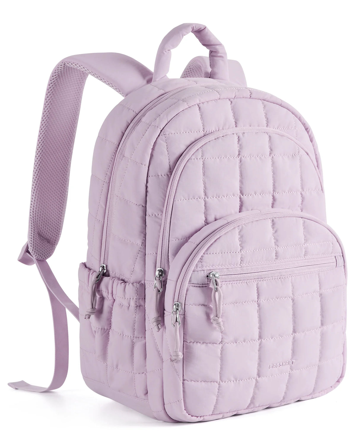 A light purple quilted laptop backpack with a padded shoulder strap.