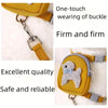Yellow adjustable dog vest with a backpack and leash, featuring a buckle and soft fur texture.