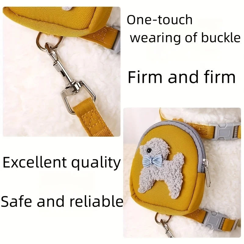 Yellow adjustable dog vest with a backpack and leash, featuring a buckle and soft fur texture.