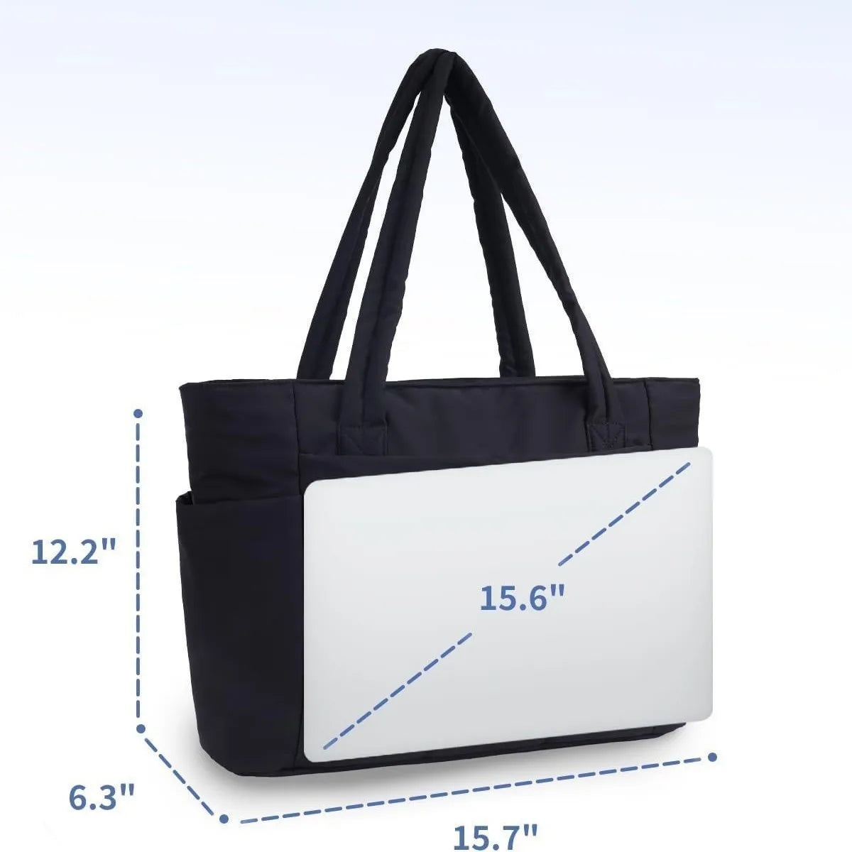 A black quilted tote bag with white interior lining shown from the side.