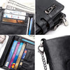 Black men's genuine leather bifold wallet showing various cards and cash inside