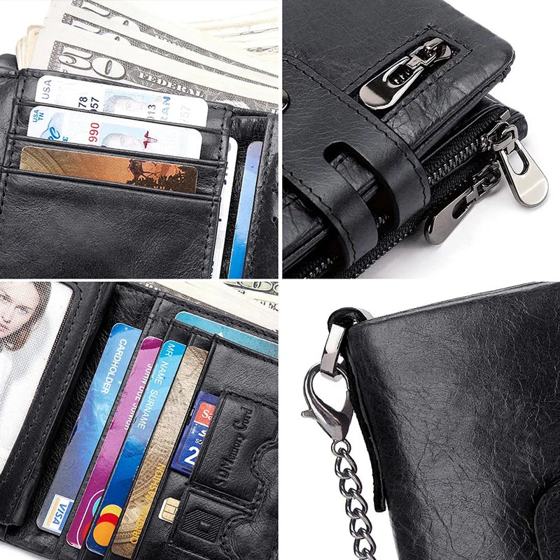 Black men's genuine leather bifold wallet showing various cards and cash inside