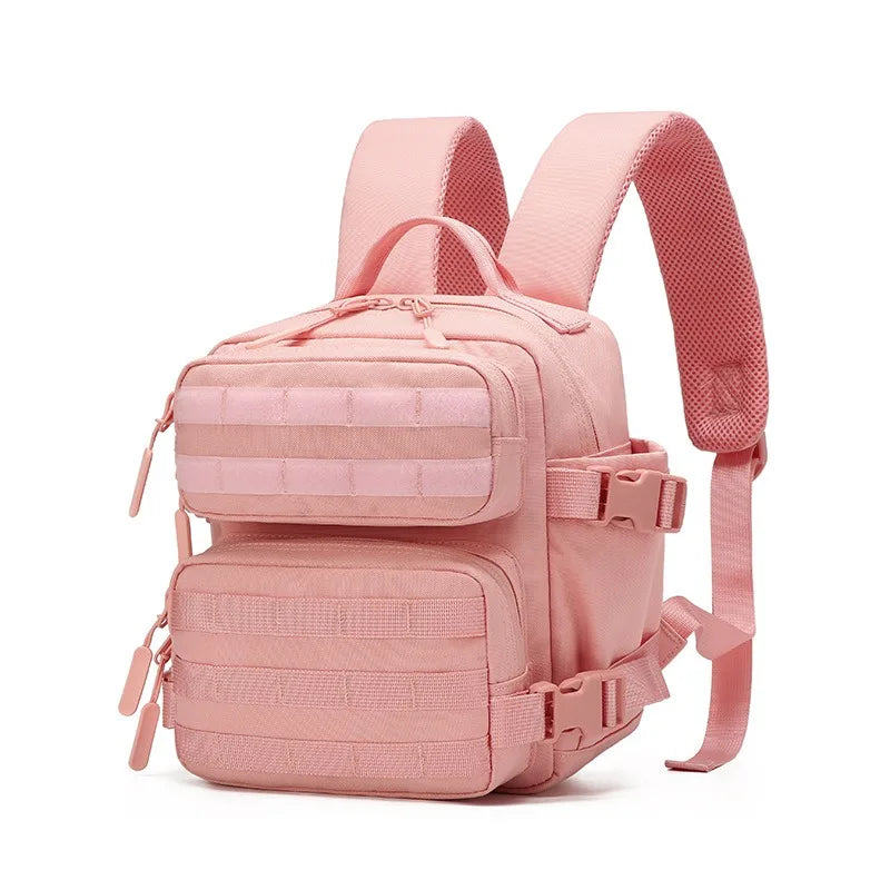 A pink tactical MOLLE backpack with adjustable straps and multiple compartments for hiking and everyday carry.