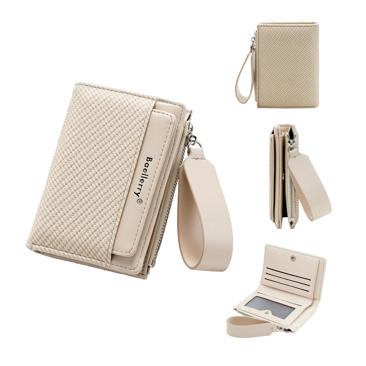 A beige women's zip-around wallet with card slots and coin pocket shown in various forms.