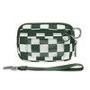 A green and white checkered zippered wallet with a metal keychain attached.