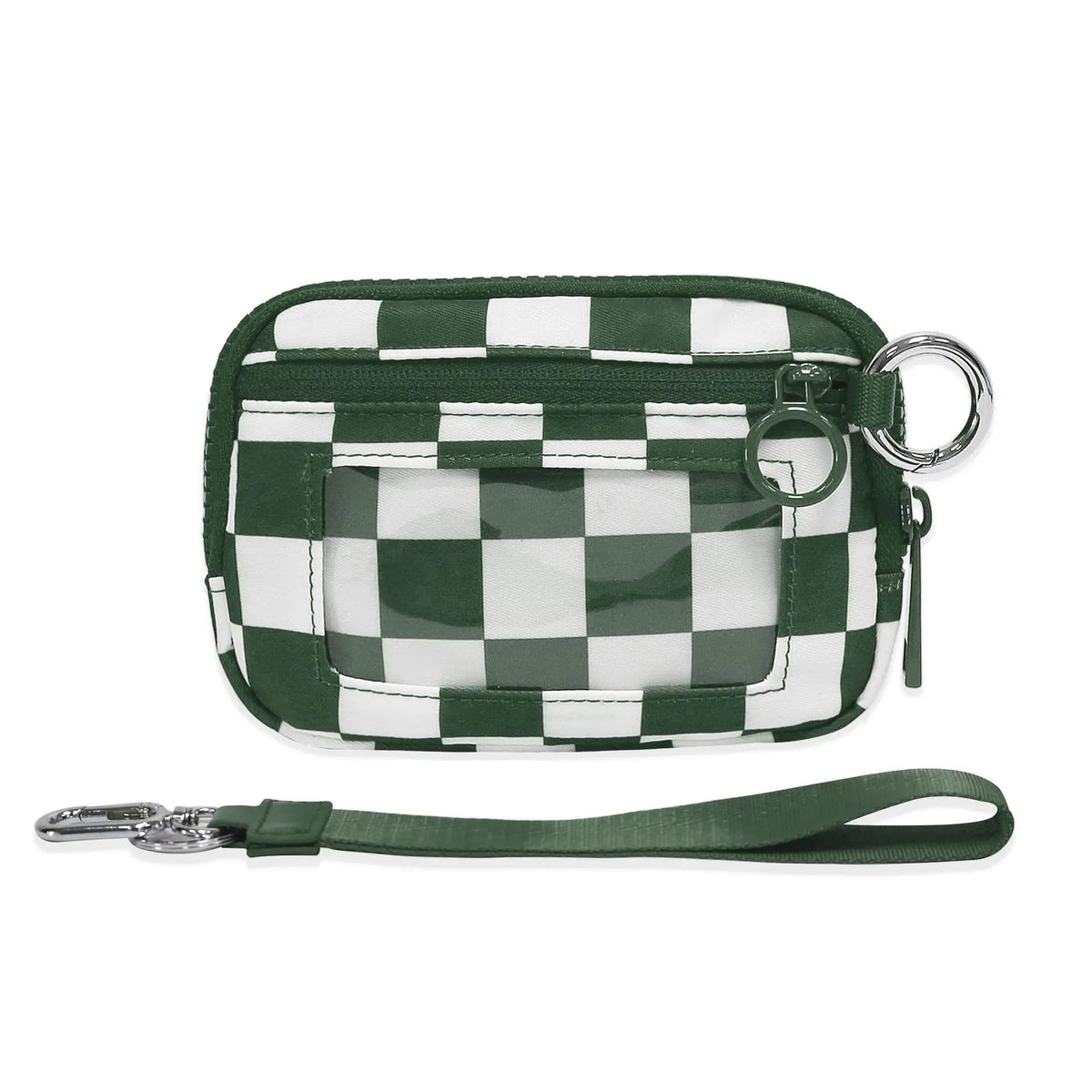 A green and white checkered zippered wallet with a metal keychain attached.