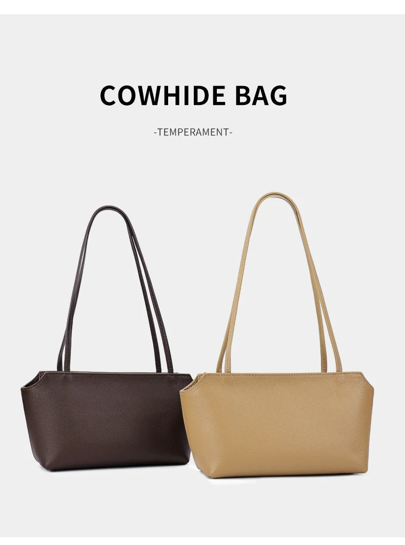 A brown cowhide bag in a dark chocolate color and a beige color shown side by side.
