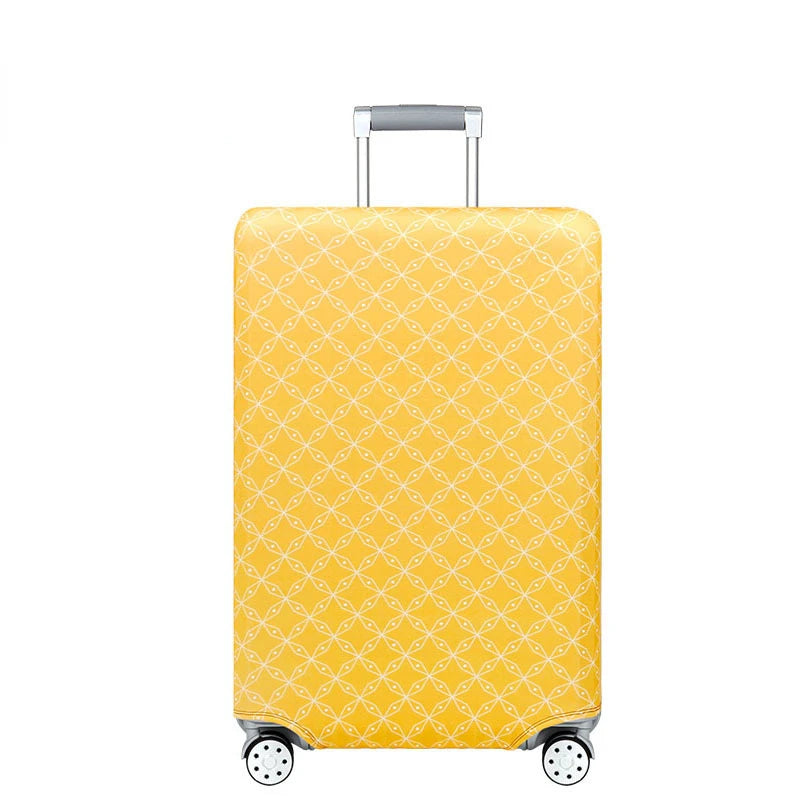 A bright yellow heavy duty luggage protection cover with a diamond pattern and silver handle.