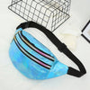 A bright blue holographic sequin waist bag with a black adjustable strap is displayed on a white surface.
