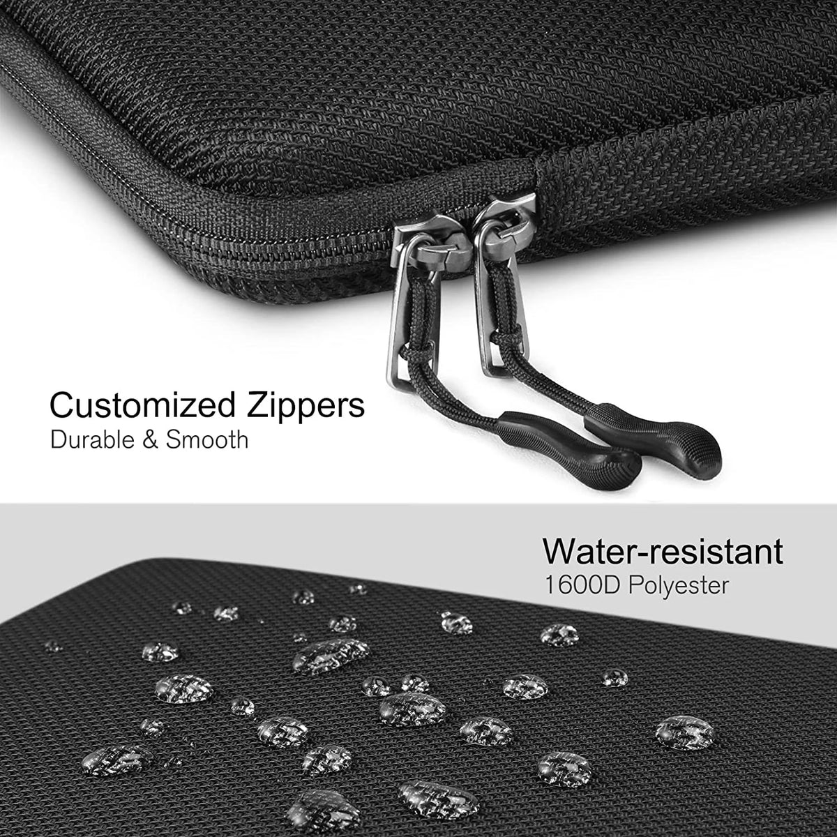 Black durable laptop sleeve featuring customized zippers and water-resistant 1600D polyester material