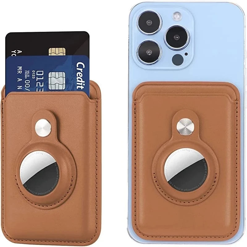 A brown MagSafe card wallet with a built-in pocket for an AirTag, shown next to a light blue iPhone.