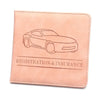 A light pink PU leather glove box wallet with a line drawing of a car and the text Registration & Insurance.