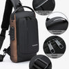 A black and brown anti-theft zippered crossbody bag with various features highlighted.