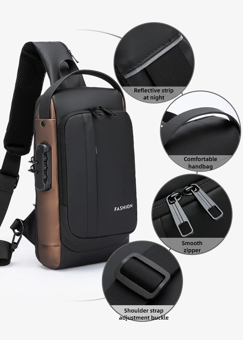 A black and brown anti-theft zippered crossbody bag with various features highlighted.
